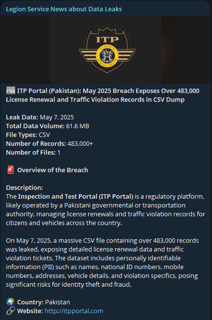 巴基斯坦System ITP Echallan Management涉嫌数据库泄露-xLab 威胁情报