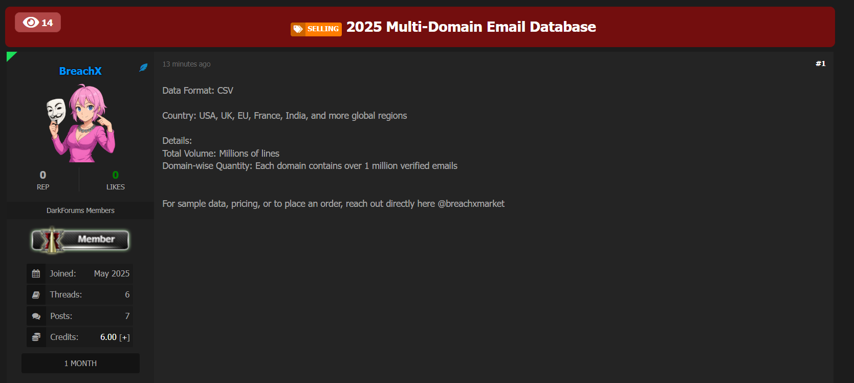 涉嫌出售多域电子邮件数据库2025-xLab 威胁情报