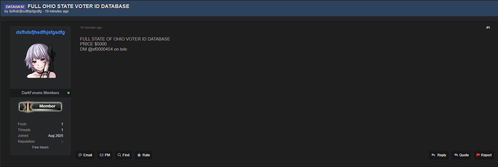 涉嫌出售完整的俄亥俄州选民身份证数据库-xLab 威胁情报