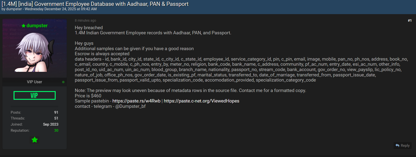 涉嫌出售印度政府雇员数据-xLab 威胁情报