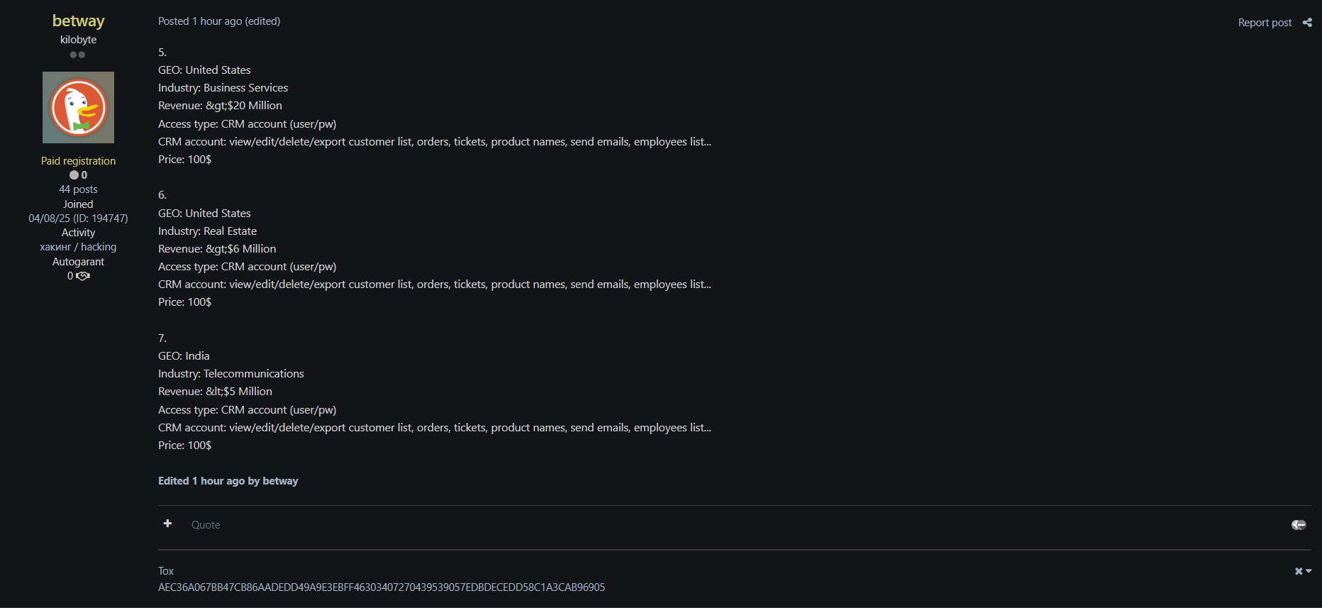 涉嫌向美国身份不明的房地产组织出售未经授权的CRM访问权限-xLab 威胁情报