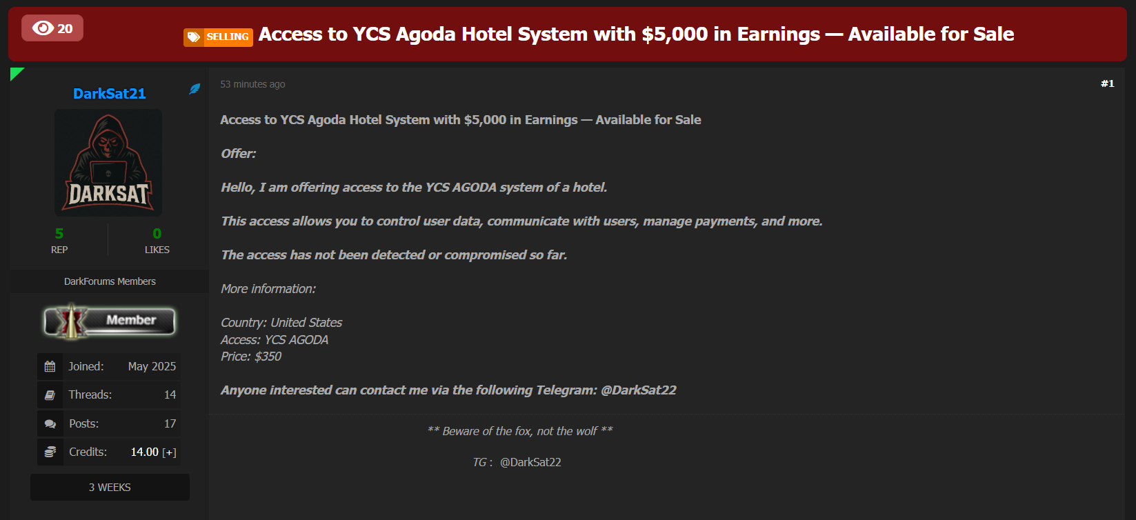 涉嫌出售未经授权访问System YCS Agoda酒店管理公司-xLab 威胁情报