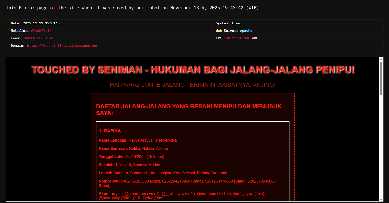 TRASER SEC团队瞄准Kenneth Lindsay insurance的网站-xLab 威胁情报