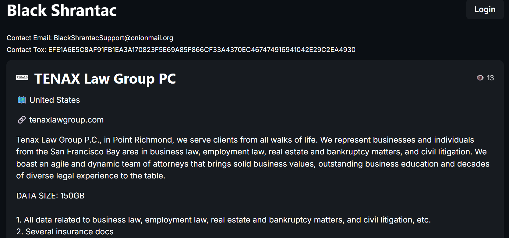 Tenax法律集团,P.C.成为BlackShrantac勒索软件的受害者-xLab 威胁情报