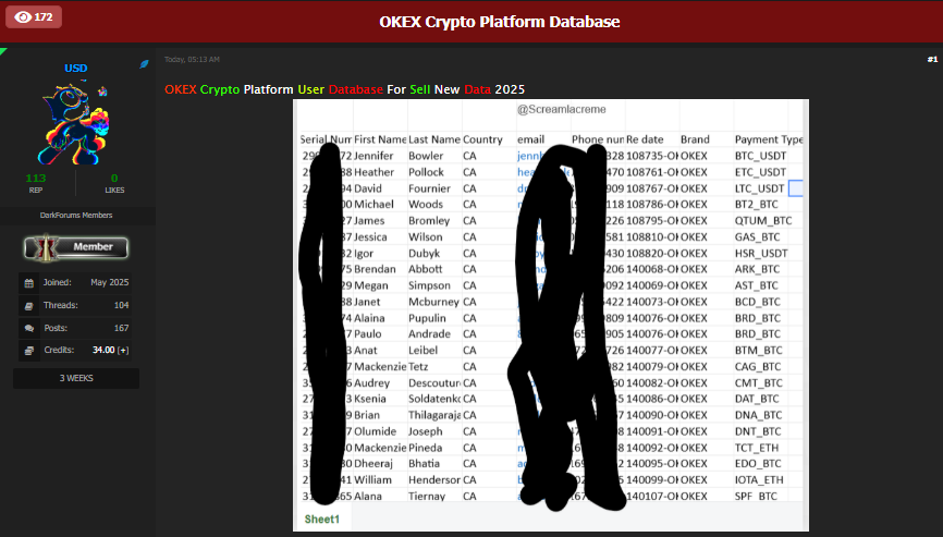涉嫌出售OKX加密货币平台user数据库-xLab 威胁情报
