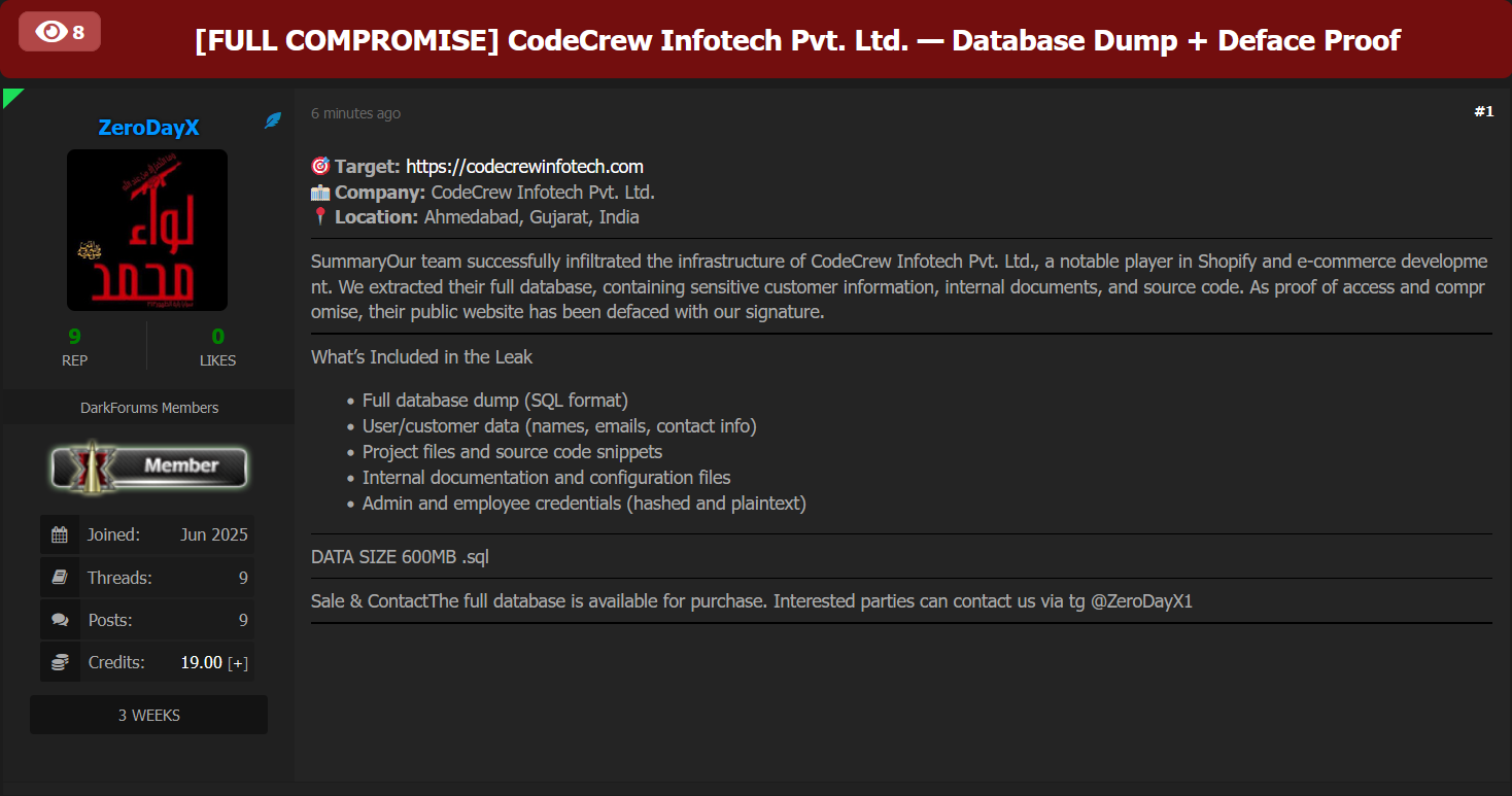 Codecrew Infotech Pvt.Ltd.涉嫌数据销售。-xLab 威胁情报