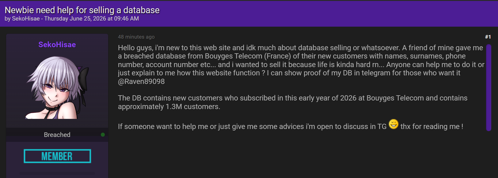 Alleged Sale of Bouygues Telecom Customer Database-xLab 威胁情报