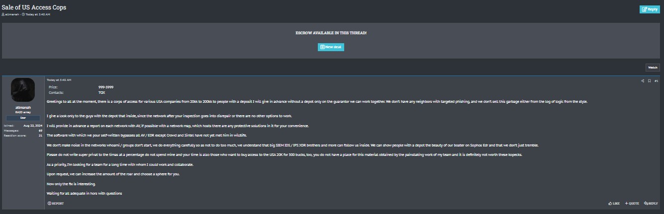 涉嫌在美国出售各种公司访问权限-xLab 威胁情报