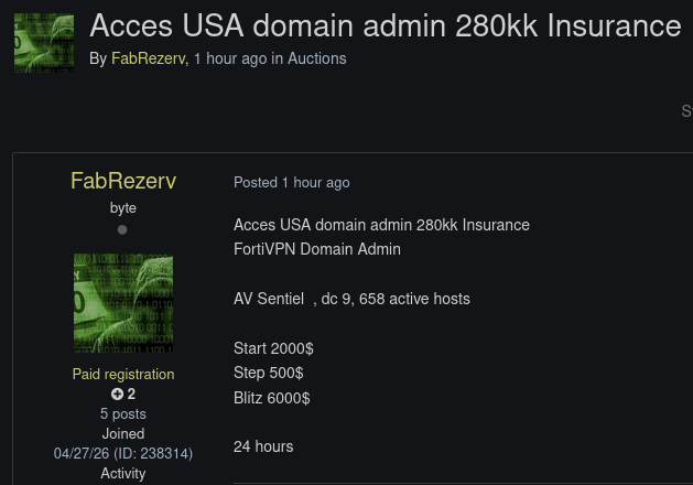 Alleged sale of unauthorized domain admin access to an unidentified insurance organization in USA-xLab 威胁情报
