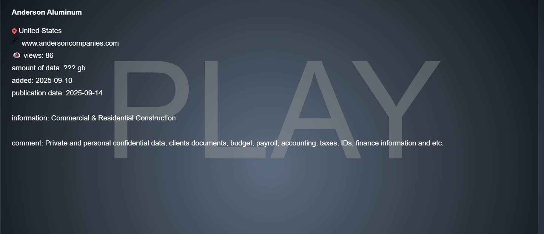Anderson Aluminum成为PLAY勒索软件的受害者-xLab 威胁情报
