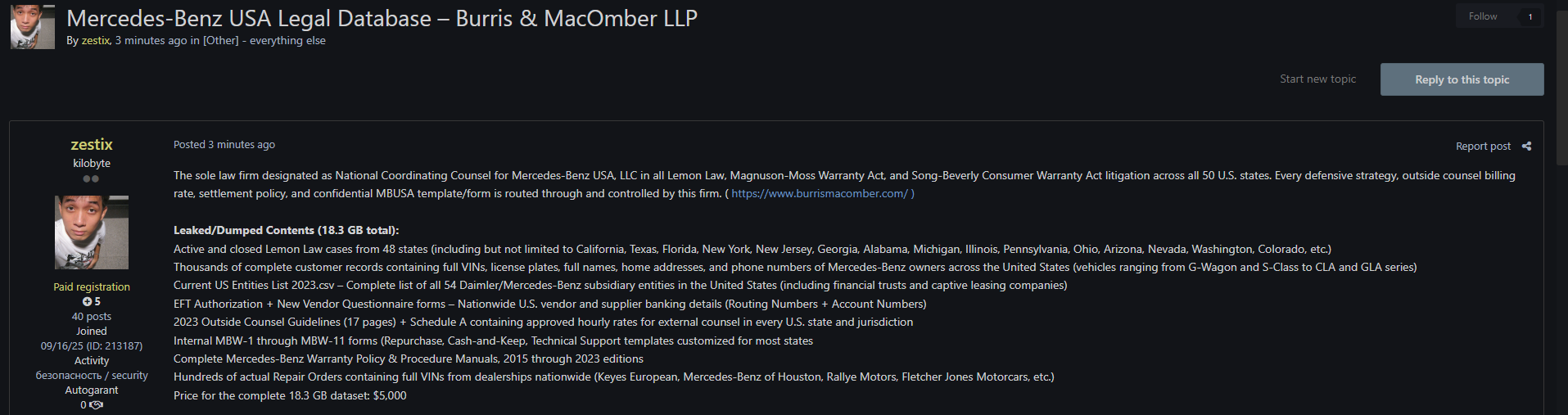 涉嫌出售梅赛德斯-奔驰美国法律数据库-xLab 威胁情报