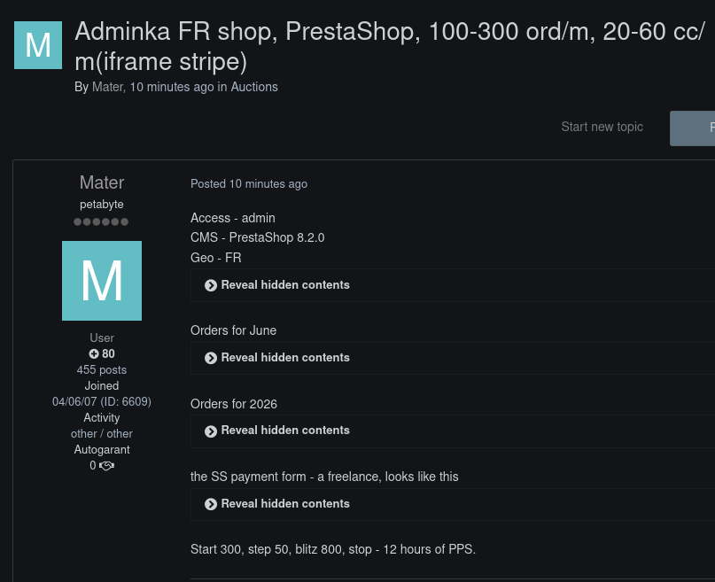 Alleged sale of unauthorized admin access to an unidentified shop in France-xLab 威胁情报