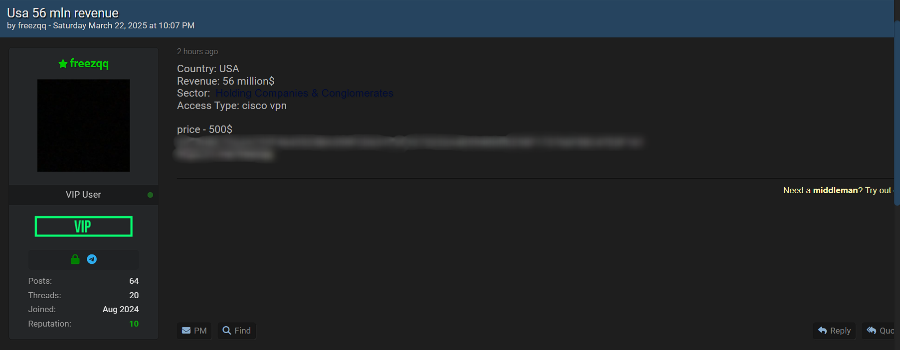 涉嫌向美国一家身份不明的控股公司和企业集团出售VPN访问权限-xLab 威胁情报