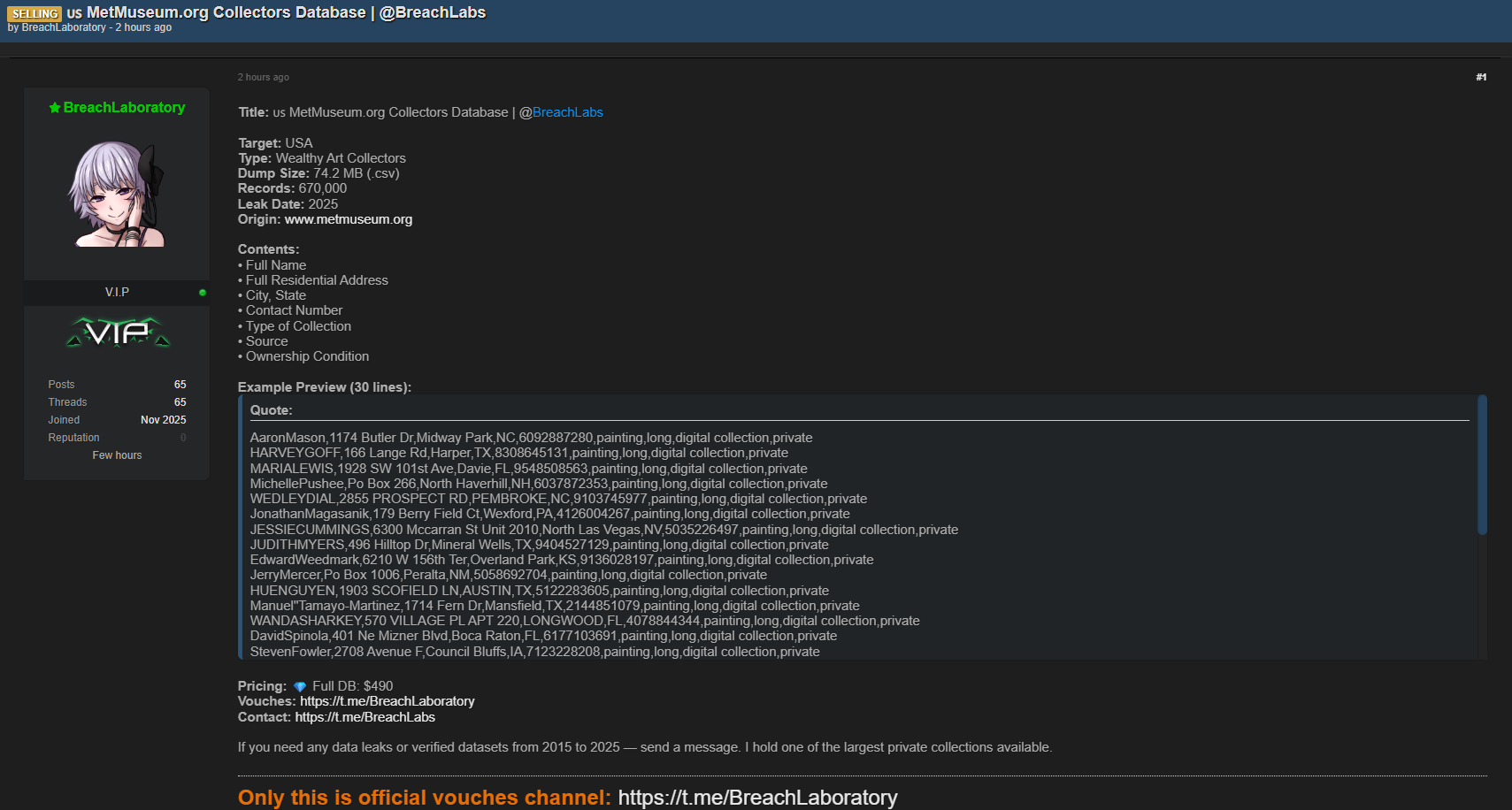 涉嫌出售大都会艺术博物馆的数据-xLab 威胁情报