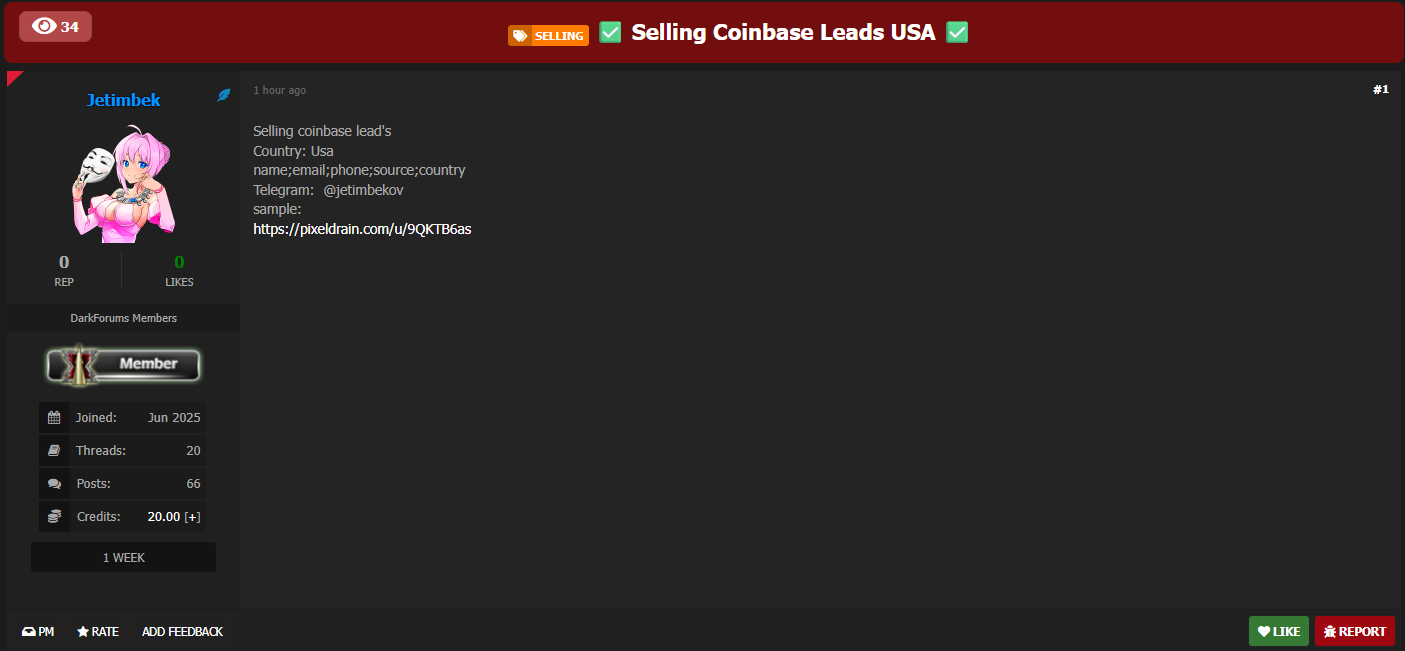 涉嫌出售美国Coinbase leads数据库-xLab 威胁情报
