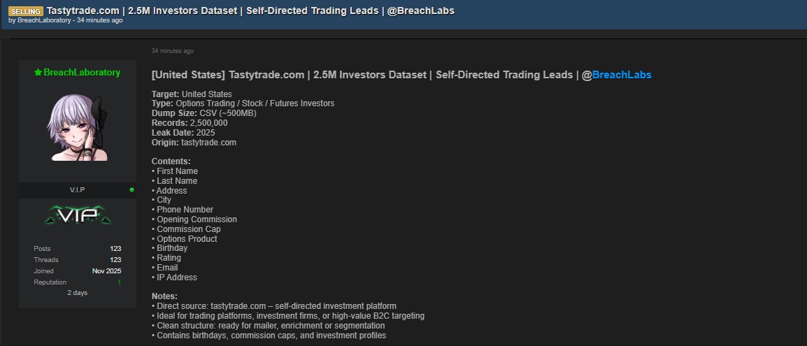 涉嫌出售Tastytrade的数据-xLab 威胁情报