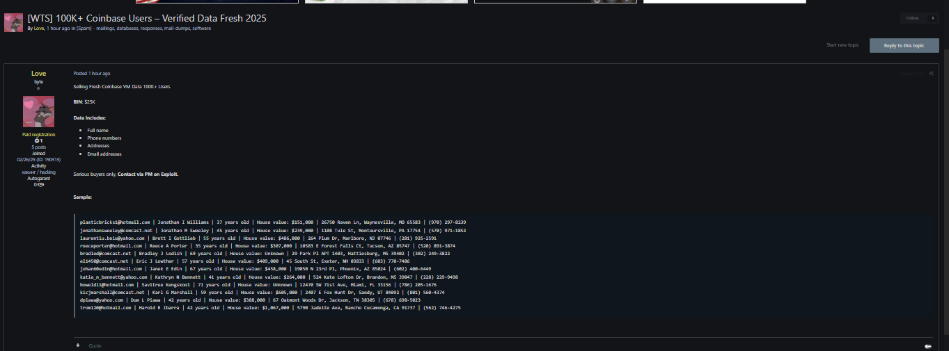 涉嫌出售10万多名Coinbase用户经过验证的个人信息-xLab 威胁情报
