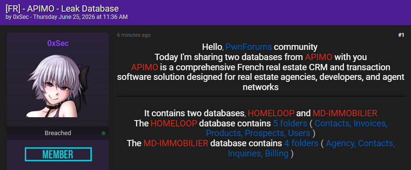 Alleged data leak of MD-IMMOBILIER-xLab 威胁情报