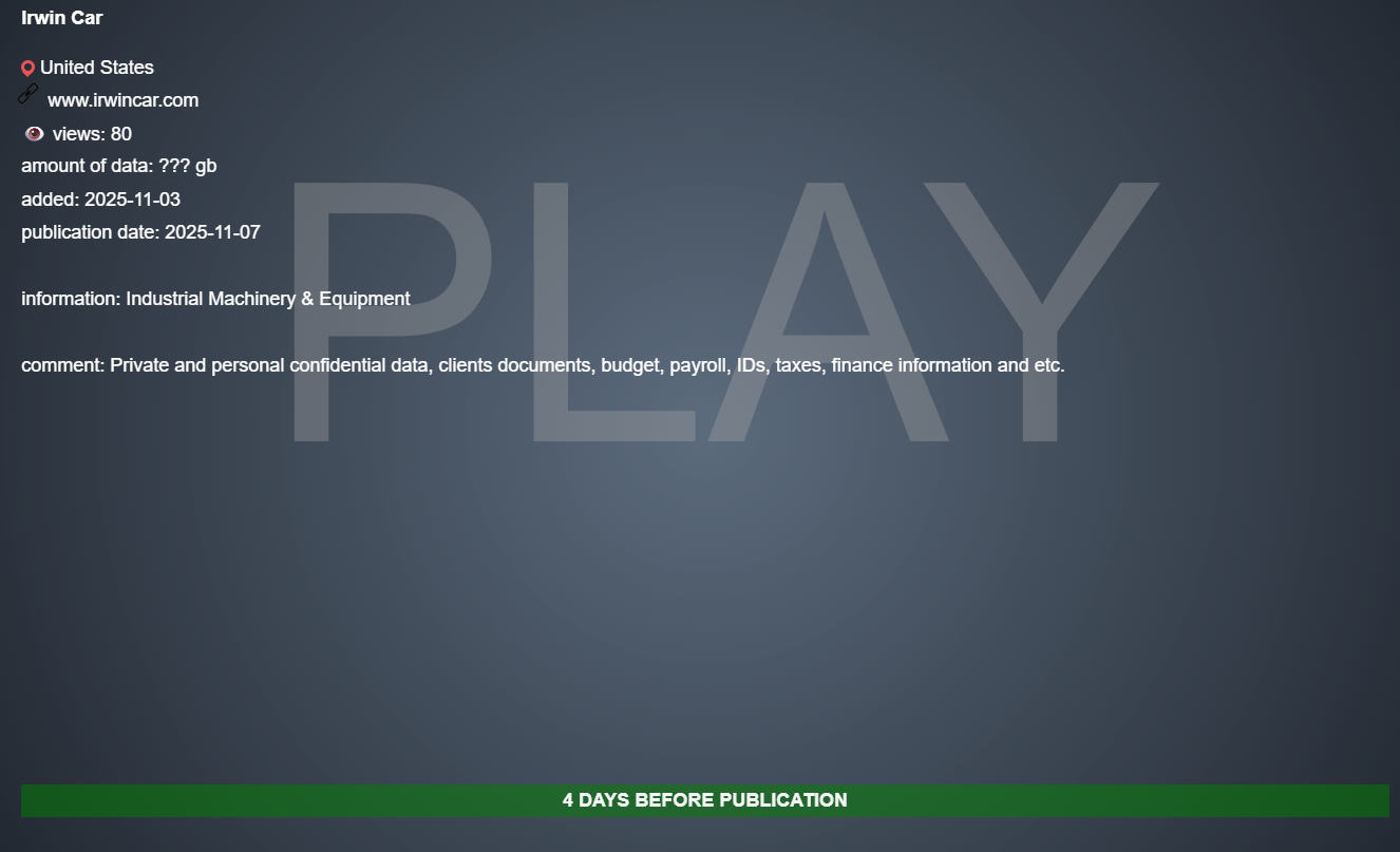 欧文汽车和设备成为PLAY勒索软件的受害者-xLab 威胁情报