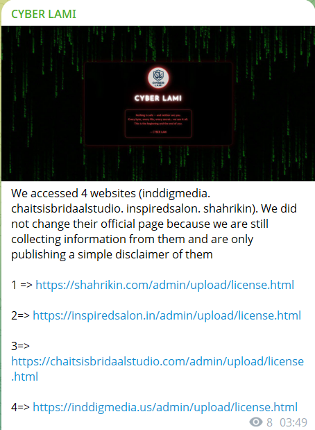 CYBER LAMI瞄准了Chaitsi的Bridaal工作室的网站-xLab 威胁情报