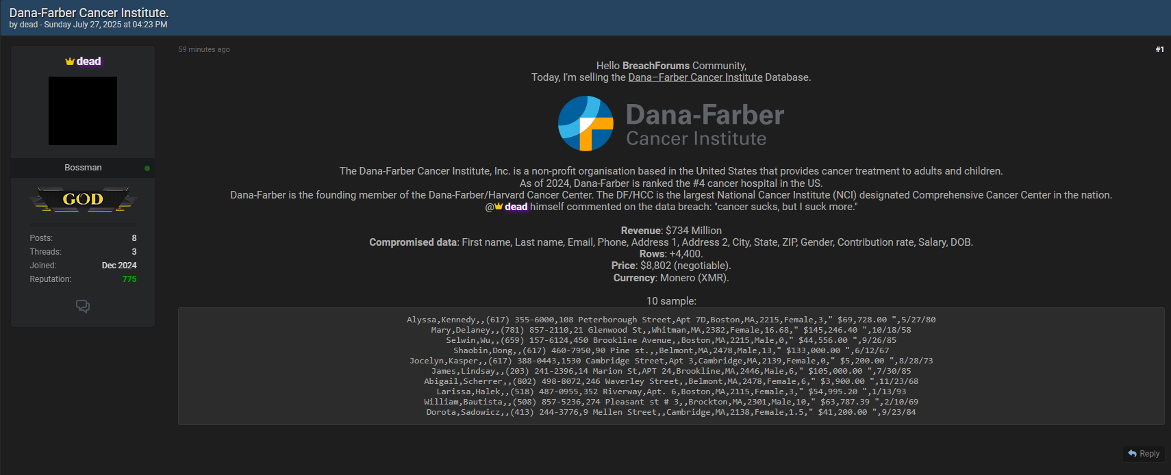达纳法伯癌症研究所涉嫌数据外泄-xLab 威胁情报