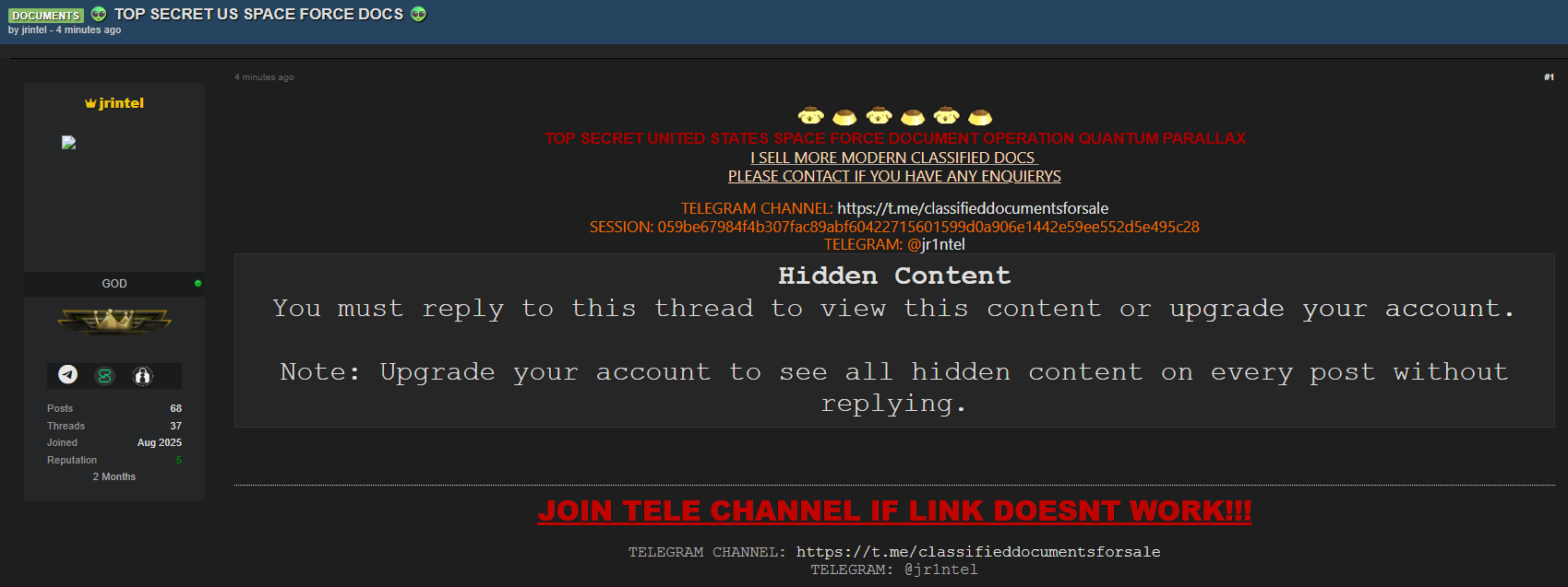 涉嫌出售美国太空军机密文件-xLab 威胁情报