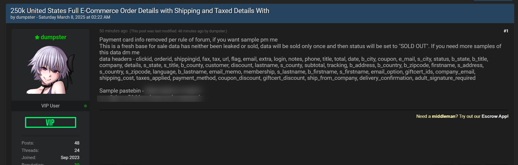 涉嫌出售来自美国身份不明的电子商务组织的数据-xLab 威胁情报