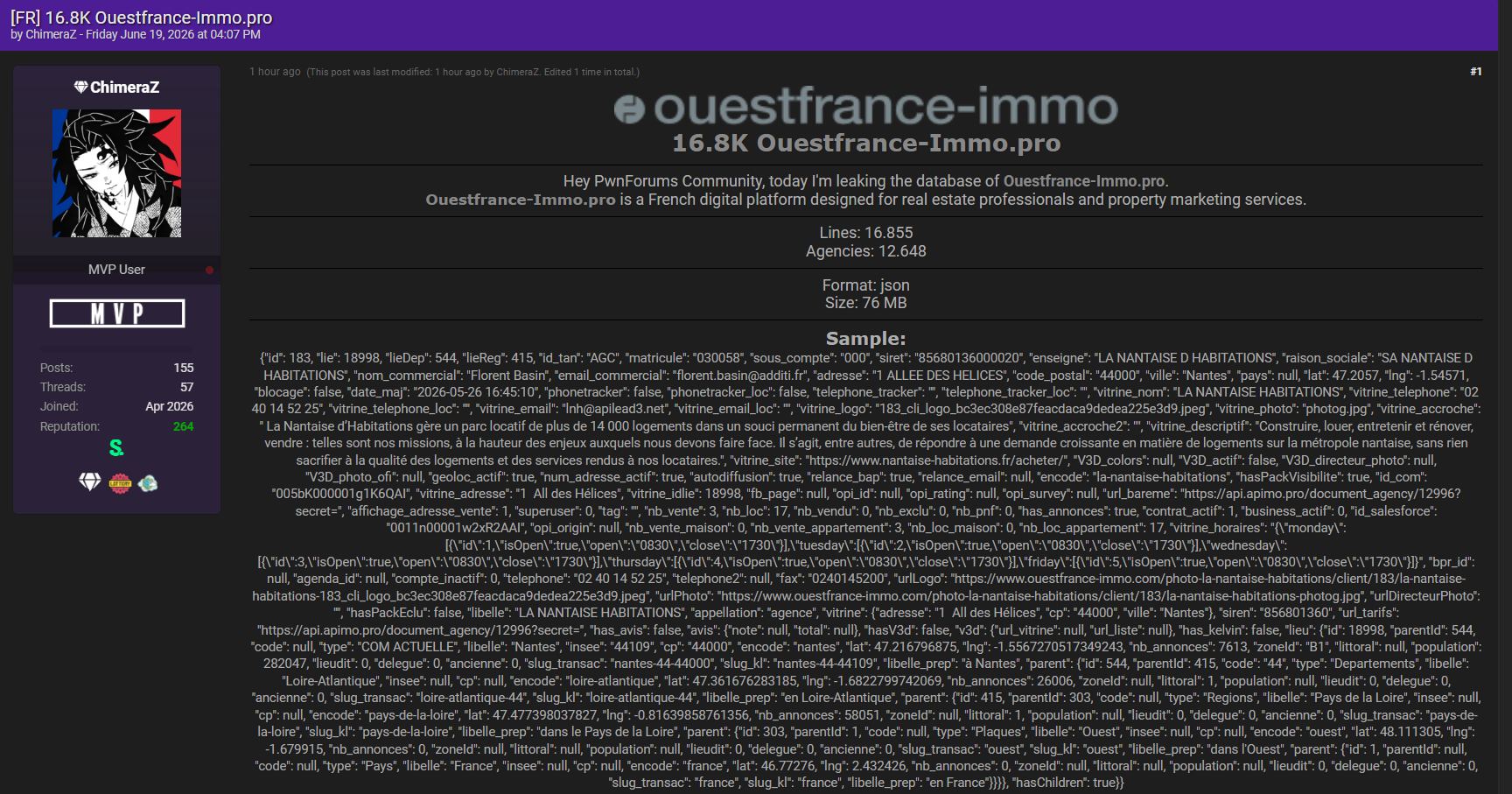 Alleged data breach of Ouest-France Immo-xLab 威胁情报