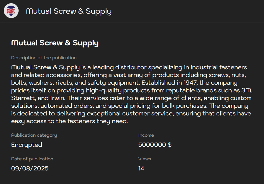 Mutual Screw&Supply成为Sinobi勒索软件的受害者-xLab 威胁情报