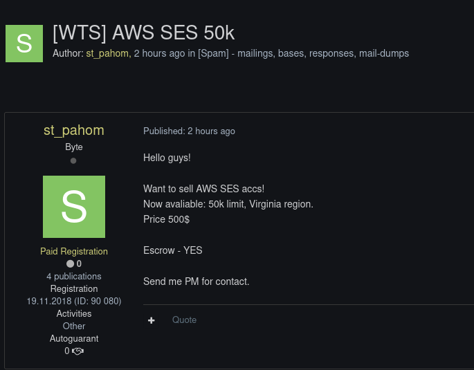 Alleged sale of AWS SES Account-xLab 威胁情报