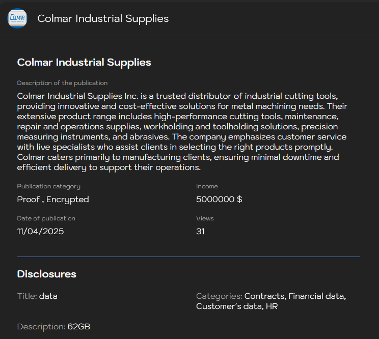 Colmar Industrial Supplies和Inc.成为LYNX勒索软件的受害者-xLab 威胁情报