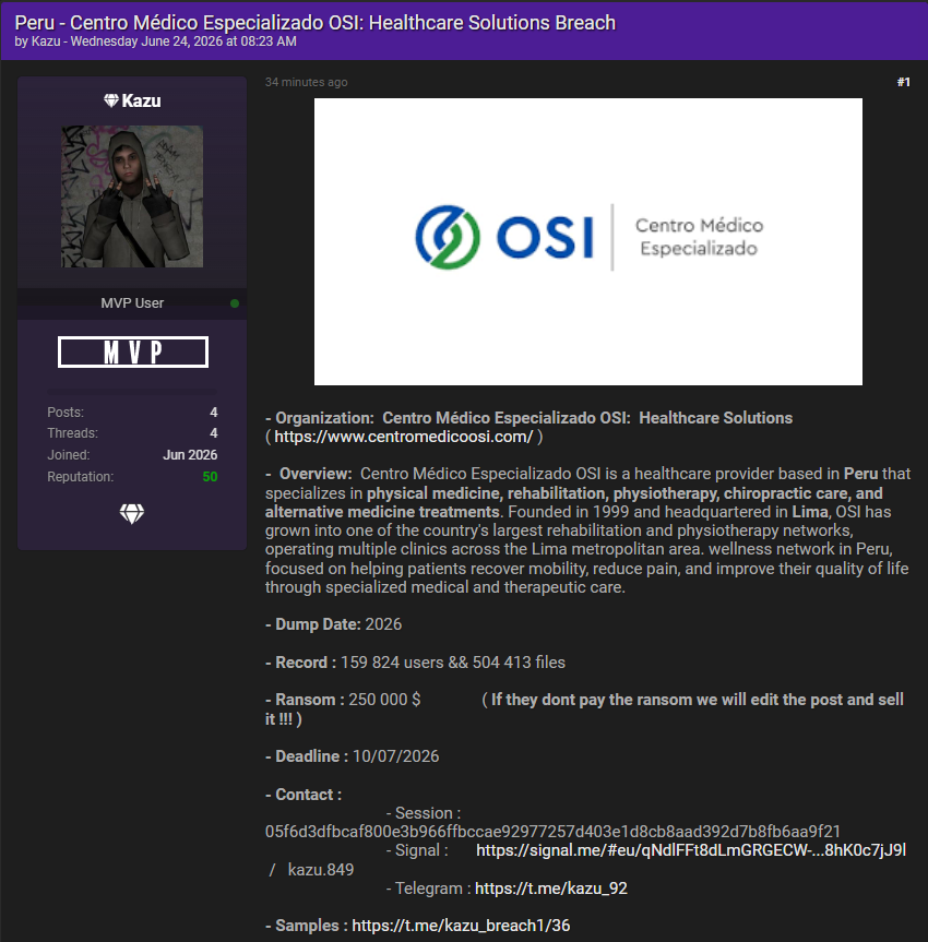 Alleged data breach of OSI Medical Center-xLab 威胁情报