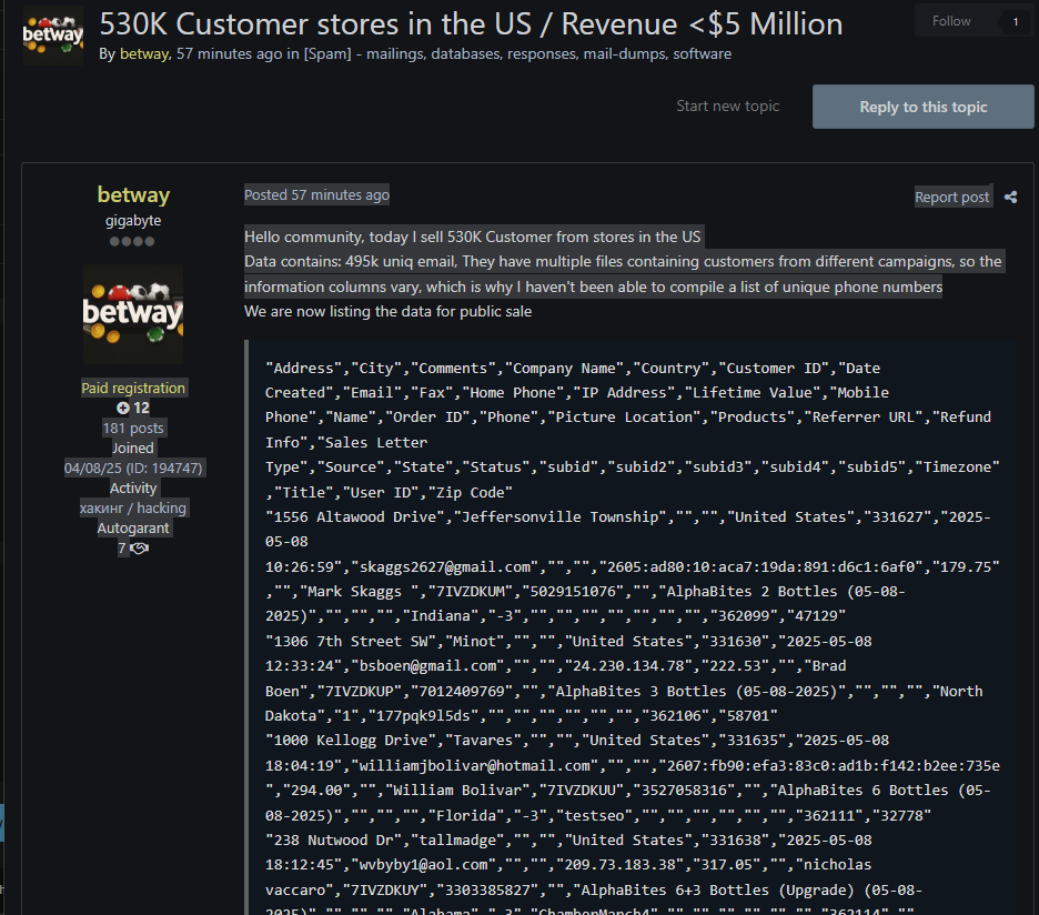 涉嫌出售美国客户商店的客户数据-xLab 威胁情报