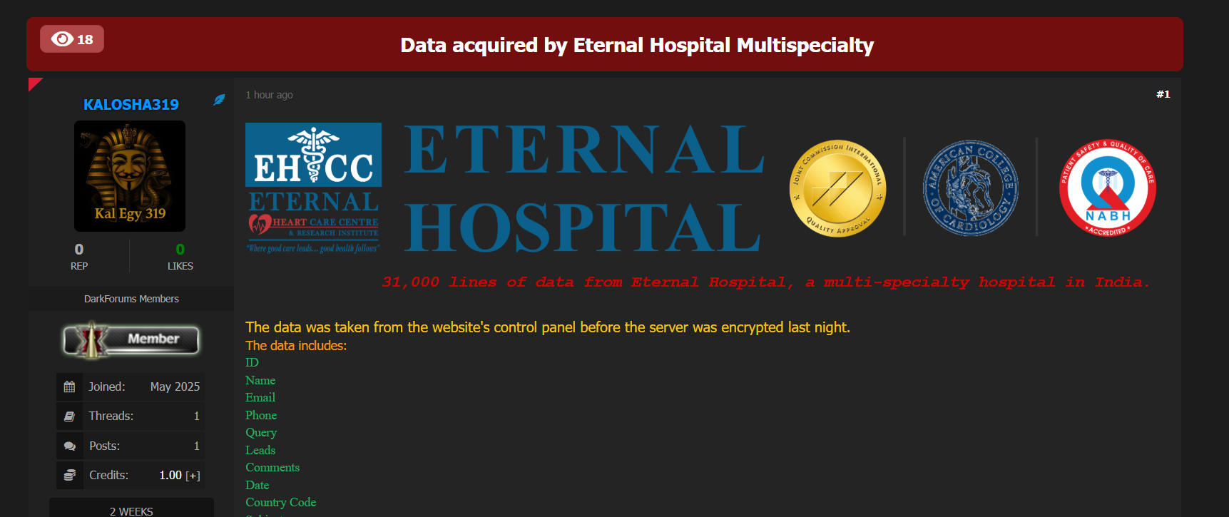 Eternal医院涉嫌数据外泄-xLab 威胁情报