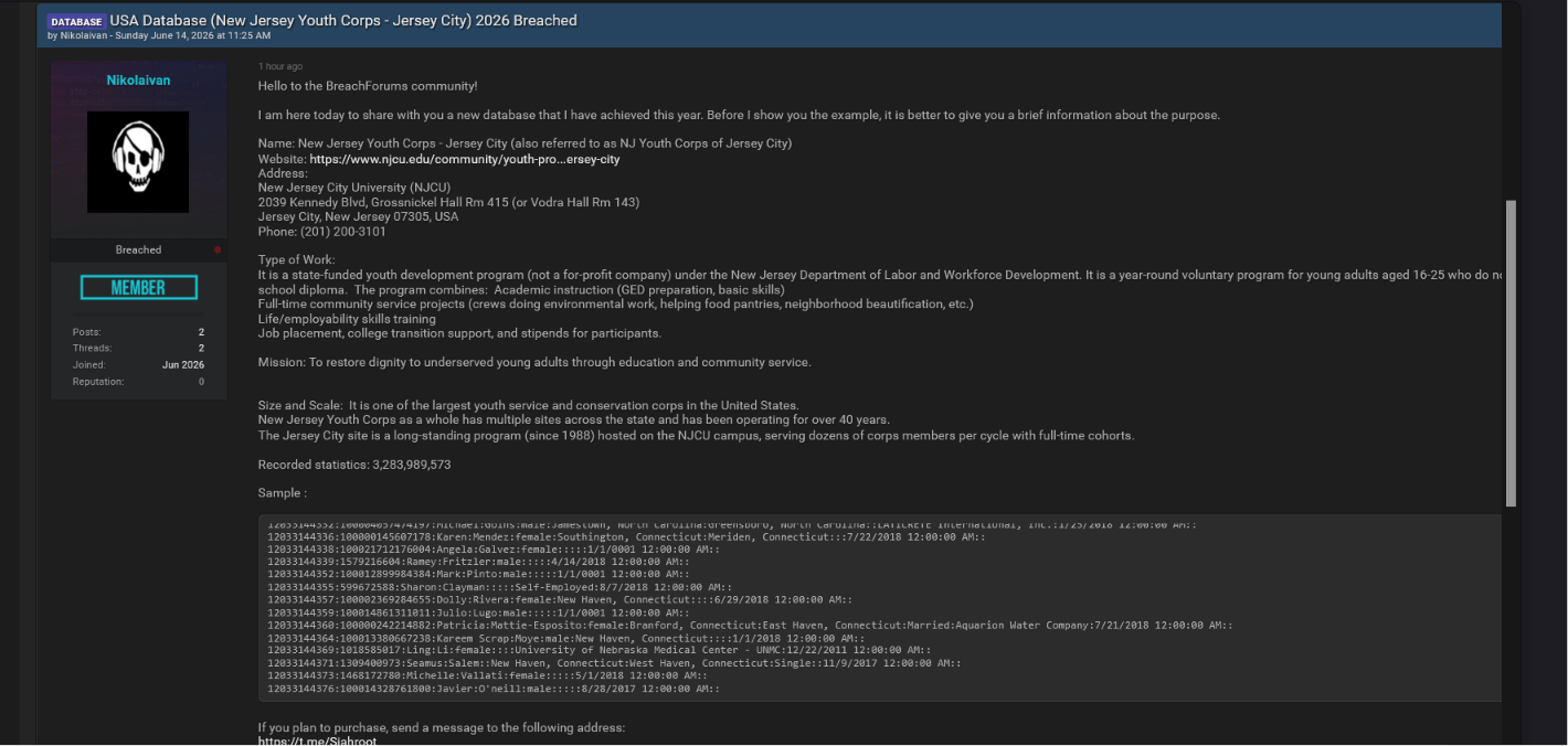 Alleged Data Breach Of New Jersey City University-xLab 威胁情报