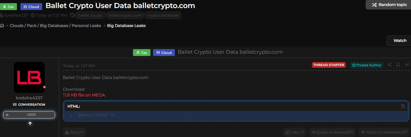 Ballet Crypto涉嫌数据泄露-xLab 威胁情报