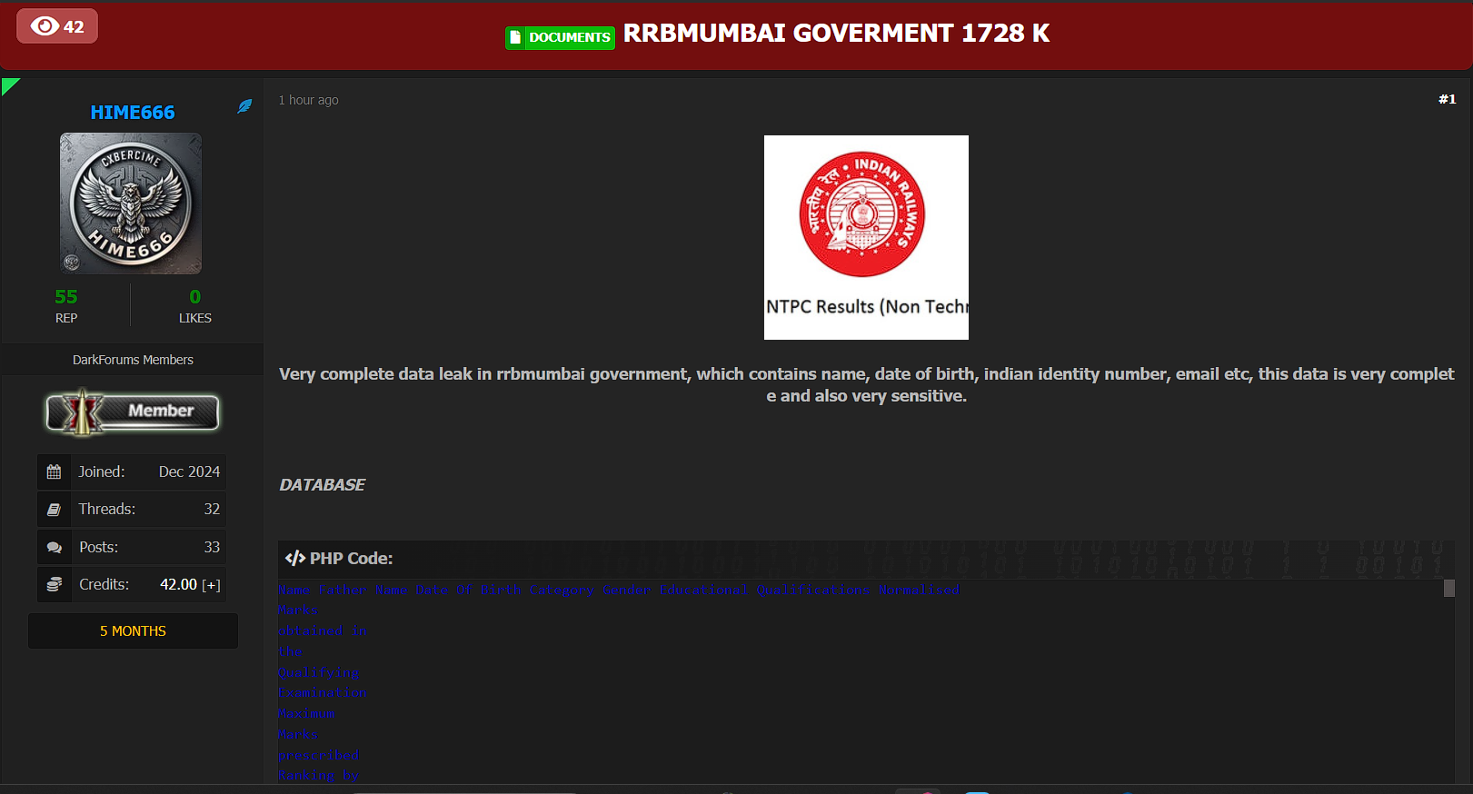 孟买铁路招聘委员会涉嫌数据外泄-xLab 威胁情报