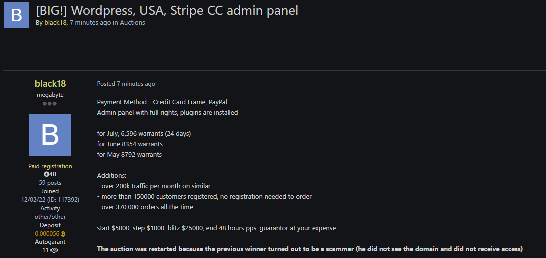 涉嫌出售WordPress admin访问美国一个身份不明的电子商务网站-xLab 威胁情报