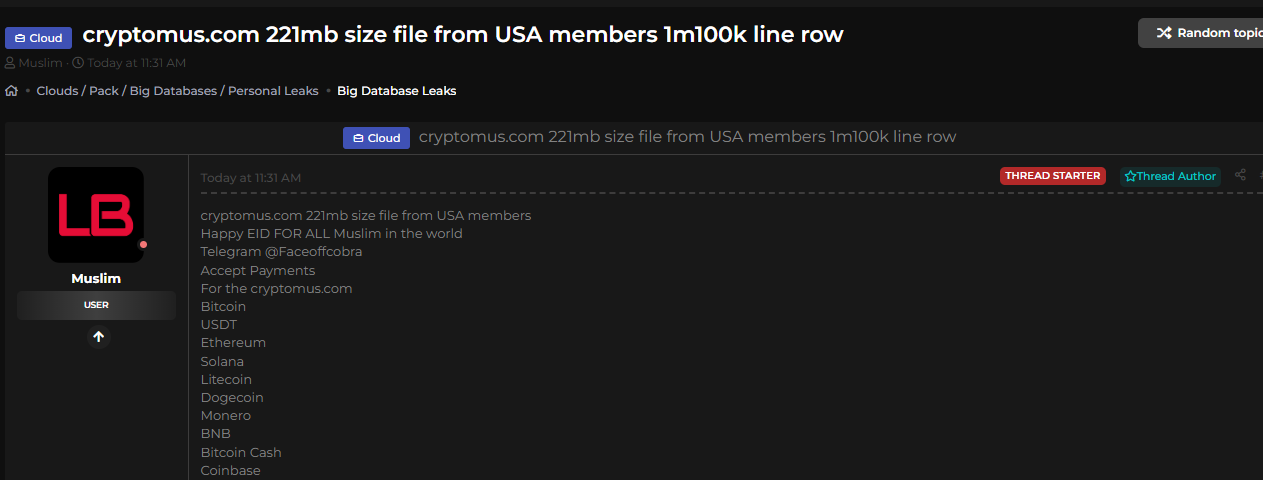 涉嫌数据泄露美国。来自Cryptomus的用户-xLab 威胁情报