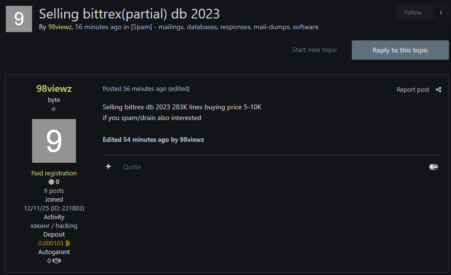 涉嫌出售部分Bittrex数据库-xLab 威胁情报