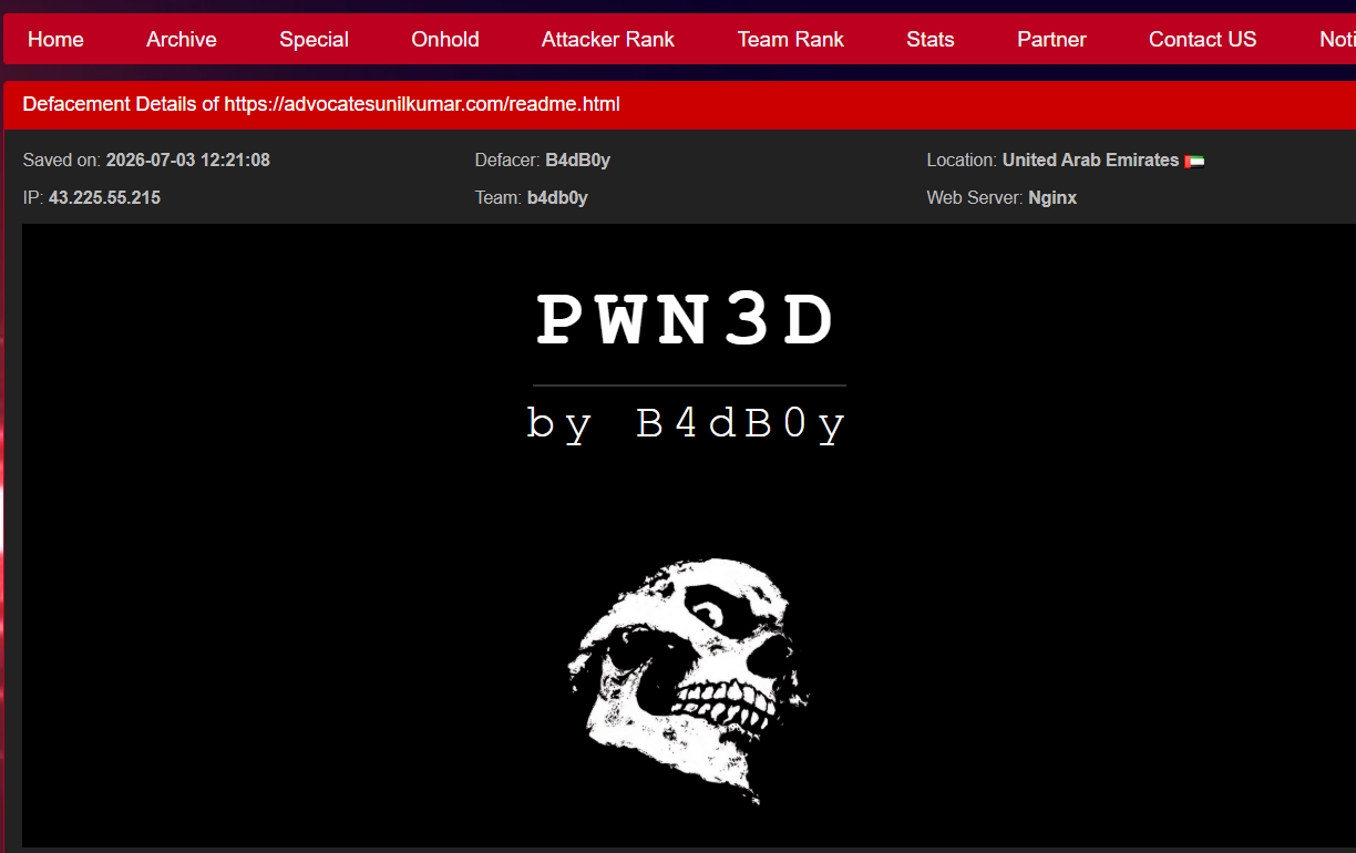 B4dB0y targets the website of Adv. Sunil Kumar-xLab 威胁情报