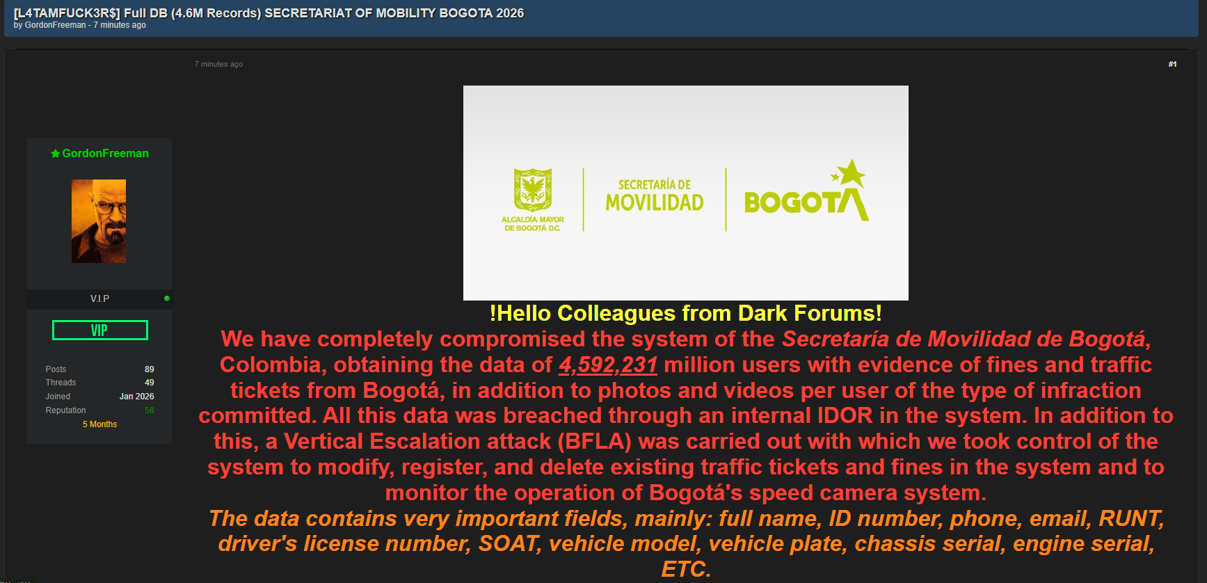 Alleged data breach of Secretaria Distrital de Movilidad-xLab 威胁情报