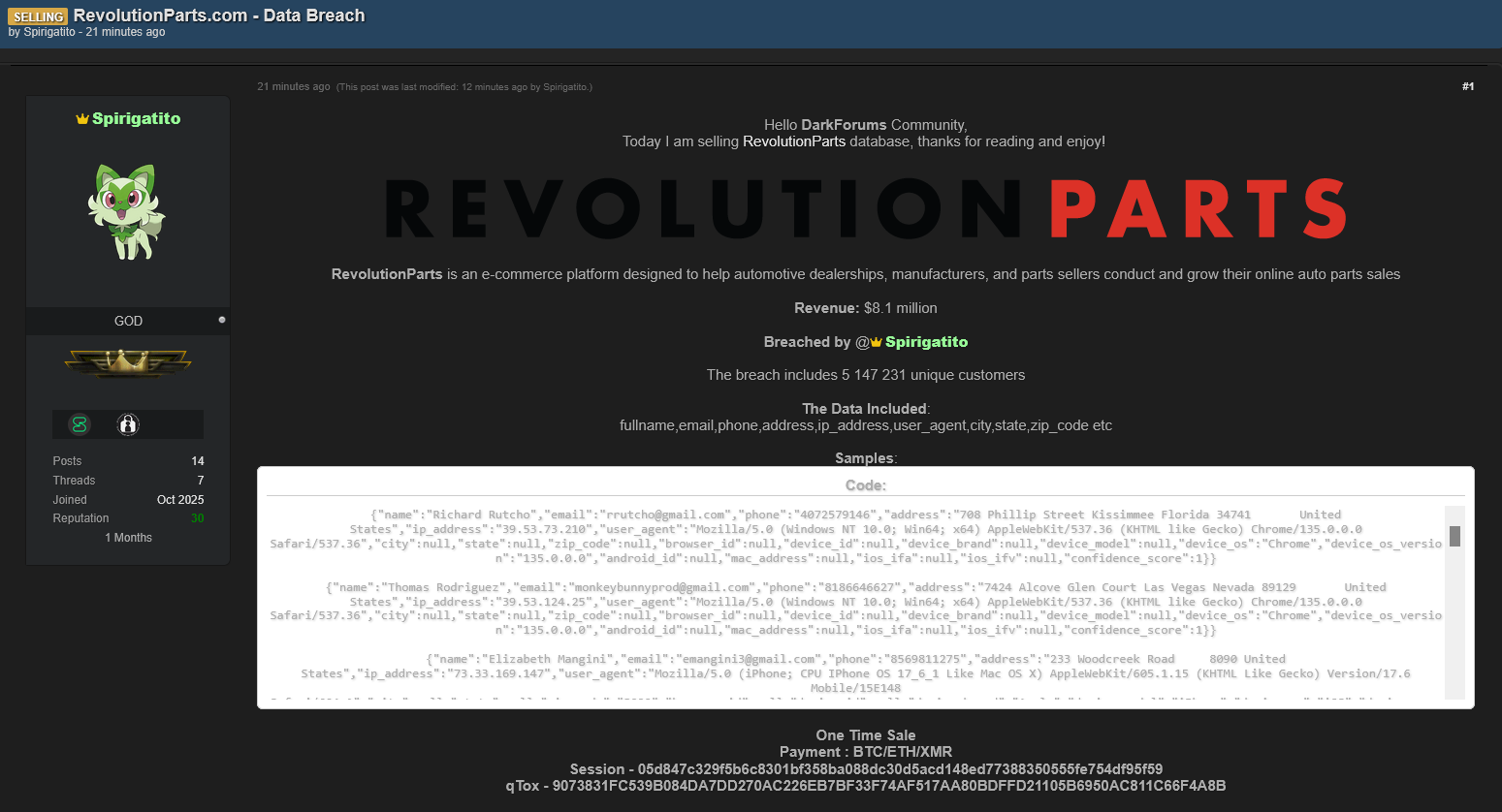 涉嫌出售RevolutionParts数据-xLab 威胁情报