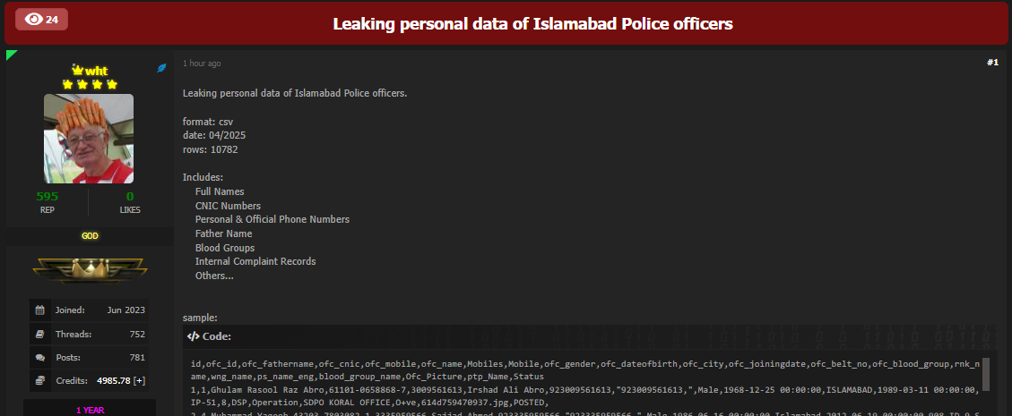 据称对伊斯兰堡警察进行数据泄露-xLab 威胁情报