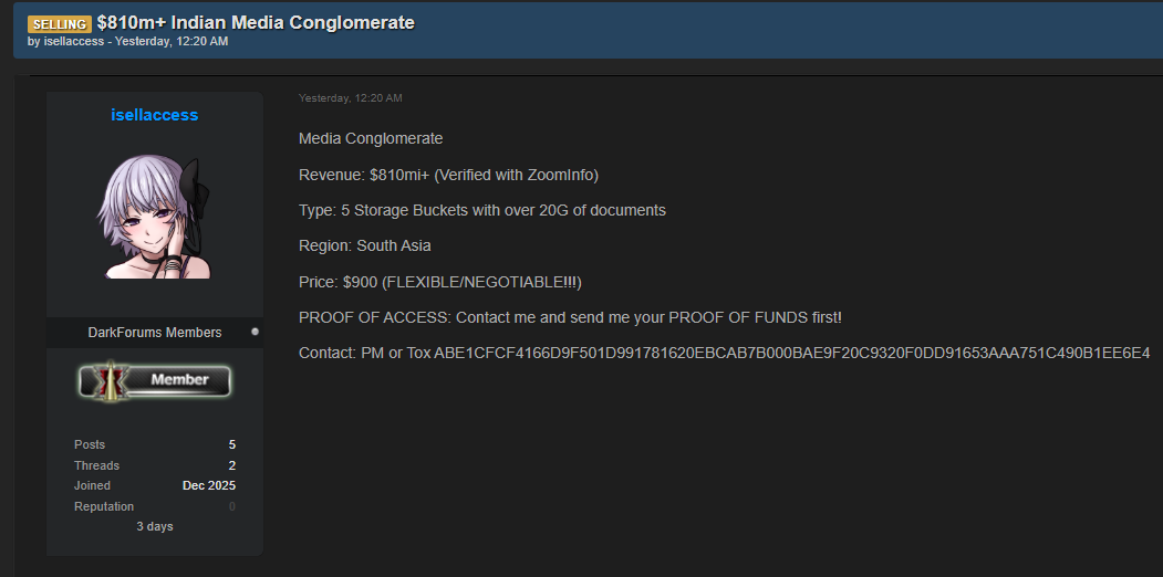 涉嫌出售未经授权的媒体集团访问权-xLab 威胁情报