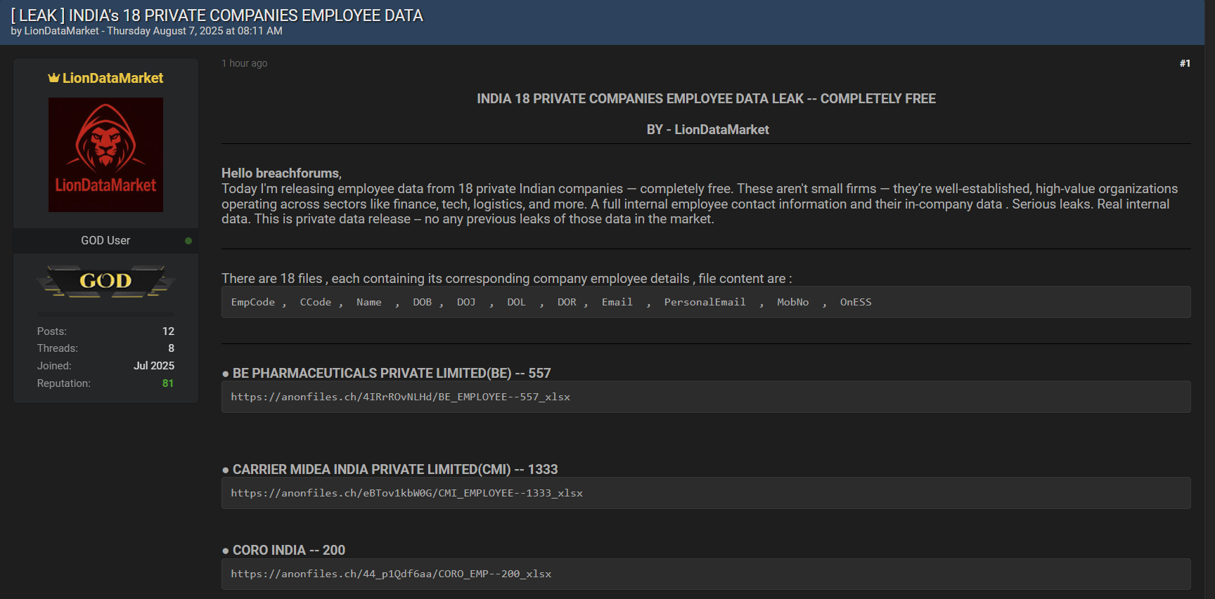 18家印度私营公司涉嫌数据泄露-xLab 威胁情报