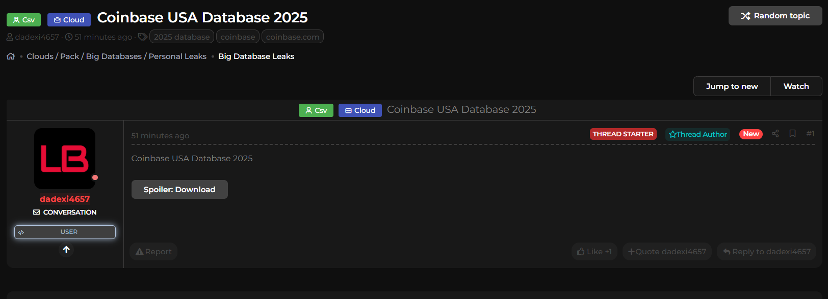 美国Coinbase数据库涉嫌泄露-xLab 威胁情报