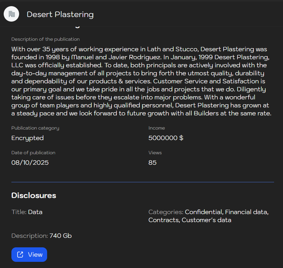Desert Plastering,LLC成为sinobi勒索软件的受害者-xLab 威胁情报