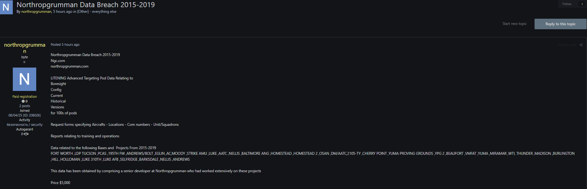 诺斯罗普·格鲁曼公司涉嫌出售数据-xLab 威胁情报