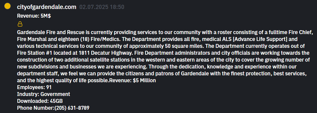 阿拉巴马加登代尔市成为INC RANSOM勒索软件的受害者-xLab 威胁情报